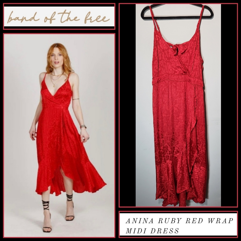 NWT BAND OF THE FREE Size Large Ruby Red Dress Faux Wrap Midi Dress Ruffle